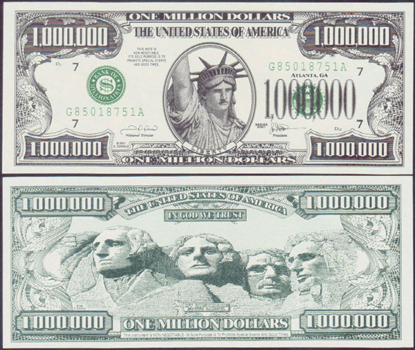 2001 USA 1 Million Dollars (Funny Money) Unc L000835